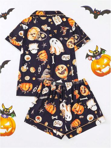 WDIRARA Women's 2 Piece Halloween Print Pajama Set Pocket Patched Button Down Shirt Shorts Sleepwear Sets in Saudi Arabia