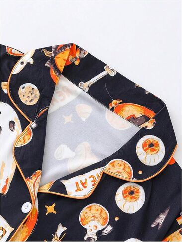 WDIRARA Women's 2 Piece Halloween Print Pajama Set Pocket Patched Button Down Shirt Shorts Sleepwear Sets in Saudi Arabia