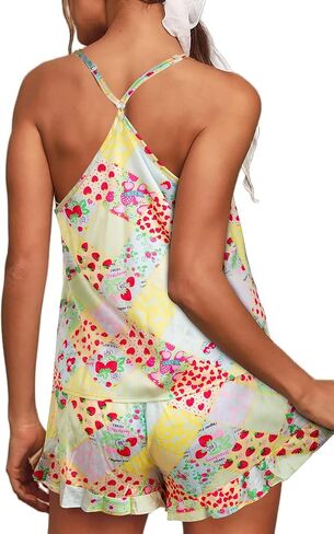 Women's Vibrant Printed Pajamas Set 2 Piece Satin Lingeries Pjs Set Cami Shorts with Pockets Sleepwear in Saudi Arabia