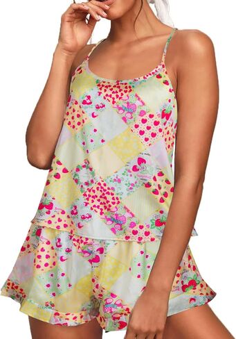 Women's Vibrant Printed Pajamas Set 2 Piece Satin Lingeries Pjs Set Cami Shorts with Pockets Sleepwear in Saudi Arabia
