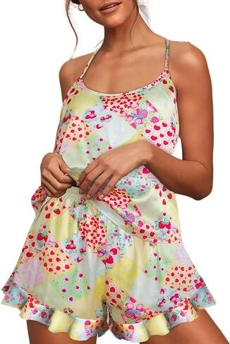 Women's Vibrant Printed Pajamas Set 2 Piece Satin Lingeries Pjs Set Cami Shorts with Pockets Sleepwear in Saudi Arabia