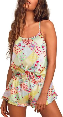 Women's Vibrant Printed Pajamas Set 2 Piece Satin Lingeries Pjs Set Cami Shorts with Pockets Sleepwear in Saudi Arabia
