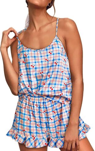 Women's Vibrant Printed Pajamas Set 2 Piece Satin Lingeries Pjs Set Cami Shorts with Pockets Sleepwear in Saudi Arabia