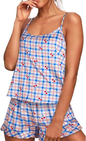 Women's Vibrant Printed Pajamas Set 2 Piece Satin Lingeries Pjs Set Cami Shorts with Pockets Sleepwear in Saudi Arabia