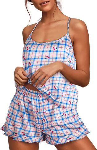 Women's Vibrant Printed Pajamas Set 2 Piece Satin Lingeries Pjs Set Cami Shorts with Pockets Sleepwear in Saudi Arabia