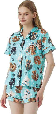 Short Pajamas for Women Cute Print 2 Piece Pajama Set Short Sleeve Button Down Sleepwear Lapel Shirt Pj Short Set in Saudi Arabia