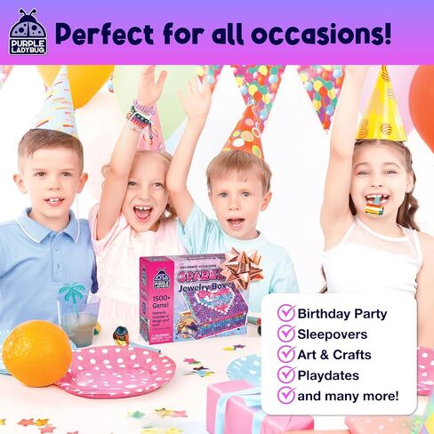 PURPLE LADYBUG صمم صندوق المجوهرات الخاص بك طقم أدوات حرفية للأطفال مع ملصقات الطين والأحجار الكريمة - صناديق مجوهرات للفتيات من عمر 8 إلى 12 عامًا وفنون وحرف يدوية للأطفال من سن 6 إلى 8 فتيات in Saudi Arabia