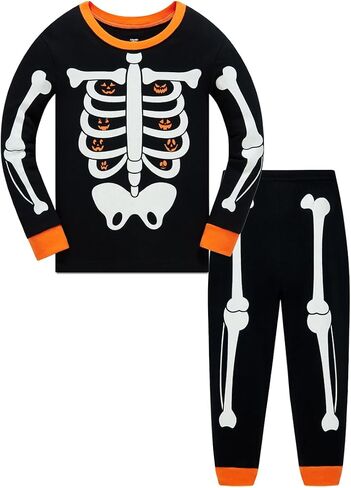 Akyzic Kids Halloween Pajamas Sets Glow in the Dark Skeleton Outfit Toddler Girl Long Sleeve Cotton Halloween Jammies in Saudi Arabia