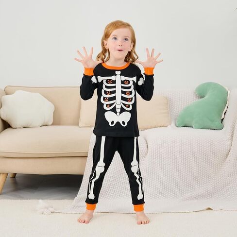 Akyzic Kids Halloween Pajamas Sets Glow in the Dark Skeleton Outfit Toddler Girl Long Sleeve Cotton Halloween Jammies in Saudi Arabia