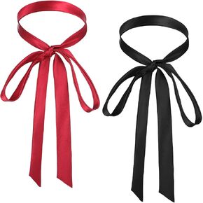 2PCS Bow Tie for Women Girls, Folding Bow Neckties, Wedding Satin Sash Belt, Satin Ribbon Girls Self-Tie Bowtie for Uniform, School, Wedding, Cosplay, T-shirt Accessory, Dress Belts, Black Red