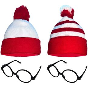 4 Pieces Red White Striped Beanies Halloween Costume Hat with Pom Poms Women Men Striped Beanies Hat with Glasses for Adult Christmas Halloween Party