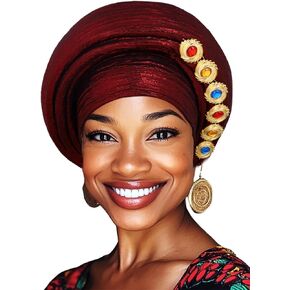 Woeoe African Pre-Tied Gele Headwrap Claret Stretchy Turban Church Wedding Party Head Scarf for Women