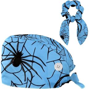 Spider Pattern Working Cap Scrub Cap Nurse Doctor Surgical Hat Medical Hat with Buttons Bowknot Hair Bow Tie for Women