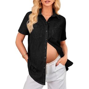 OUGES Womens 2025 Summer Maternity Clothes Short Sleeve Jean Jacket Button Down Pregnancy Denim Shirt Casual Tops in Kuwait
