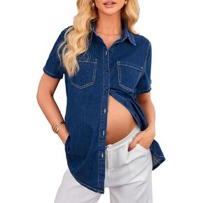 OUGES Womens 2025 Summer Maternity Clothes Short Sleeve Jean Jacket Button Down Pregnancy Denim Shirt Casual Tops