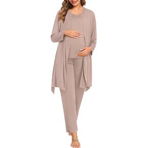 SWOMOG 3pcs Maternity Nursing Robe Set Labor Delivery Double Layer Pajamas Set Postpartum Breastfeeding PJS, S-XXL