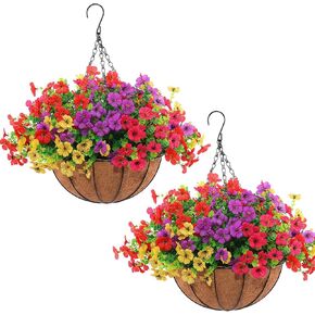 Hananona 2 Set Artificial Outdoor Flowers with Hanging Basket, 2 Hanging Planters with 24 Pcs Flowers for Spring Summer Front Porch Garden Patio Home Decor (2, Red, Purple, Yellow, Rose Red)