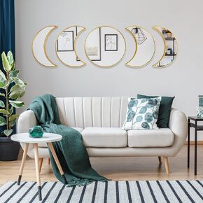 JAMBALAY Moon Phase Mirror Set, 5 Pieces Glass Mirror Wall Hanging Decor, Bohemian Natural Scandinavian Home Decor, Moon Phase Decorative Mirror for Bedroom Aesthetic, Living Room Decor, Gold