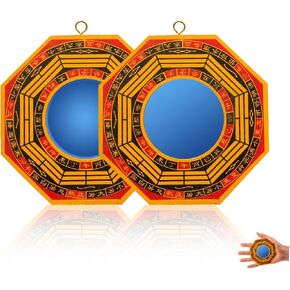 NIIIYTYB 2Pcs Bagua Mirror for Feng Shui 4 Inch Outdoor Protection Mirrors with Flat and Linked Palms Design Stone Inspired Concave Convex Bagua Mirror for Active and Passive Energy Protection
