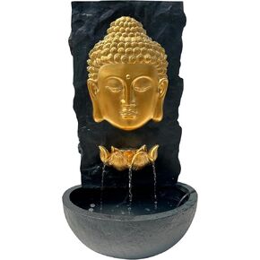 XBrand 30 in H Fiber Resin Wall Buddha Zen Outdoor Garden Water Fountain w/Warm LED Light, Gold