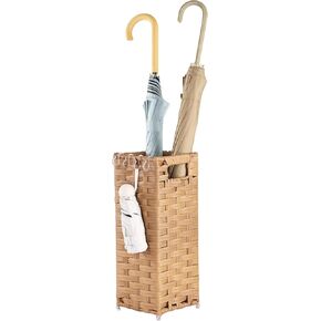 Rattan Umbrella Stand, Umbrella Holder for Entryway, Hand Woven Umbrella Rack Organizer Freestanding, with a Detachable Drip Tray, 4 Hooks, 6.5" L x 6.5" W x 16.5" H