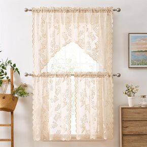 HLC.ME Butterfly Floral Lace - مجموعة المطبخ 3 قطعة ، تصفية الضوء النافذة الشفافة