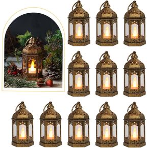 LLQ 8Pcs Mini Lantern with LED Tealight, Vintage Brown Lanterns Decorative, Hanging Candle Lanterns for Ramadan Christmas Wedding Table Centerpiece Indian Diwali Decor, Garden Fairy Party Decorations