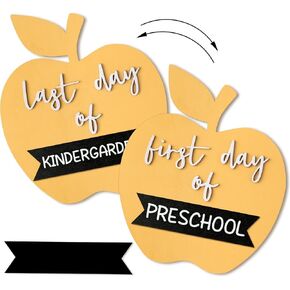 CNHOQC SCHOOL SCHOOL WOODEN SIGN - اليوم الأول والأخير من المجلس الخشبي لتوقيع Apple الأول والأخير من مرحلة ما قبل المدرسة/روضة الأطفال/DIY على الوجهين أطفال تخرج إلى المدرسة.
