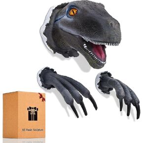 SHOWFEICAT Mini 3D Dinosaur Wall Art Sculpture - Lightweight Resin Dinosaur Head Bust, Easy-Mount Wall Decor for Kids Room, Nursery, Living Room, Bedroom (Wall-Mounted Statue) (Grey)