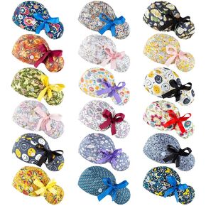 Scrub Caps Women Bouffant Scrub Hats Caps Nurses, Adjustable Working Cap Ponytail Pouch Tie Back Hats