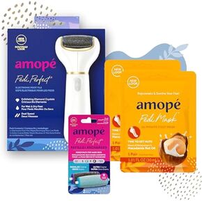 Amopé Pedicure Value Kit, Spa Pampering Pack, Self-Care & Relaxation Gift, contains Pedi Perfect Electric Callus Remover Foot File, 2 Macadamia Oil PediMask Foot Masks, 2 Roller Heads – 4 pieces