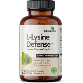 Futurebiotics L-Lysine Defense Support Complex 1500 ملغ لكل وجبة مع فيتامين C ، الزنك ، أوراق الزيتون والثوم-غير المعدلة وراثيا ، 90 كبسولات نباتية