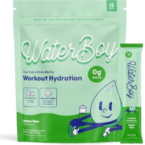Waterboy تجريب ترطيب | 2،960mg حزم مسحوق المنحل بالكهرباء | L-glutamine + الفيتامينات | لا سكر ، كل طبيعية وخالية من الغلوتين | 15 مزيج عصا الشراب (التوت الأزرق)