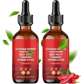 قطرات الفلفل Cayenne - 2Pack Aeluro Cayenne Pepper Extract + Hawthorn Berry ، Vitamin D3 K2 Beet Root Powder ، Ceylon Cnamon ، Curmeric Curcumin