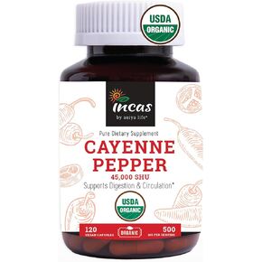INCAS 100% USDA Organic Cayenne Pepper 120 Capsules (500mg) 45,000 SHU Traditional Digestion & Circulation Support Pure, No Additives & Fillers | 120 Servings