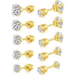 Cubic Zirconia Earrings Studs for Women Men, Hypoallergenic 14K Gold Plated 316L Stainless Steel Studs Earrings 3-4-5-6mm Simulated Diamond Round CZ Ear Stud Set （4 Pairs)