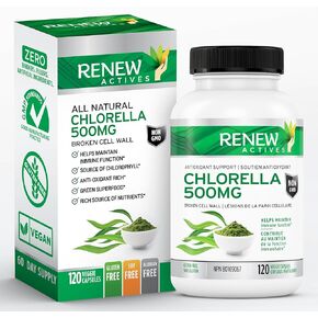 Renew Actives Chlorella Capsules 500mg - Rich in Antioxidants & Nutrients - Natural Source for Cellular Health, Vitality, & Wellness - Made in Canada - 120 Easy-to-Swallow Vegan Capsules