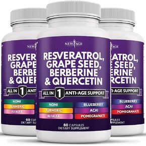 NEW AGE Resveratrol, Berberine, Grape Seed Extract, Quercetin, Polyphenol Supplement for Women and Men with Noni Extract, N-Acetyl Cysteine, Acai Extract - 120 Capsules
