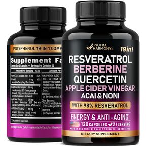 Resveratrol Supplement - 19-in-1 Organic Polyphenol Complex - Noni Extract | Berberine | Quercetin | Apple Cider Vinegar | Acai - Made in USA - Antioxidant & Heart Health Support - 120 Capsules