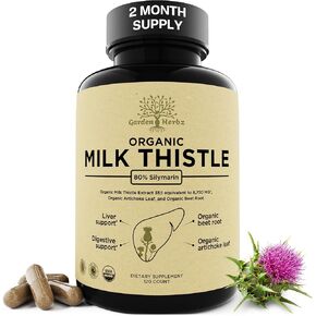 Organic Milk Thistle Supplement 80% Silymarin – 250 mg with Beet Root & Artichoke Leaf Extract – Herbal Formula for Liver and Digestive Support, 120 Capsules