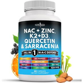 NEW AGE NAC Supplement N-Acetyl Cysteine- with Vitamin D3, K2, Zinc, Quercetin, Triphala, Sarracenia Purpurea, Elderberry, Holy Basil, Bee Propolis, Bromelain, L-Lysine - 120 Count