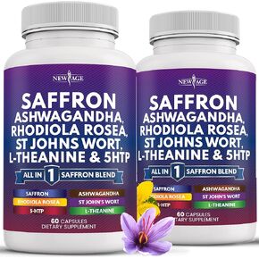 مكملات الزعفران في العصر الجديد مع Ashwagandha - دعم مع L -theanine ، Ginkgo Biloba ، St. John's Wort ، Rhodiola Rosea و 5 -HTP - Saffron 120 Count