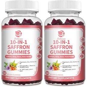 10 IN 1 Saffron Supplements, Sugar Free Saffron Gummies with Ashwagandha, L-Theanine, Rhodiola Rosea, St. John's Wort, Lemon Balm, Vitamin D3 B6, Magnesium & Zinc - Vision, Zzz, Mood, Focus & Cortisol