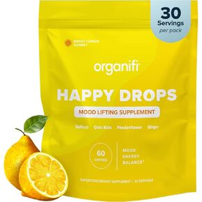 قطرات Happy Happy - غوّارة Superfood اليومية للبالغين - ملحق دعم المزاج لتحقيق التوازن ، النعيم ، الطاقة وإيقاف الحافة - نكهة الليمون الحلو - 60 Gummies