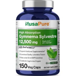 NusaPure Gymnema Sylvestre 50:1 Extract, 250 mg Equivalent to 12,500mg Per Vegan Caps - 150 Count (Non-GMO, Vegan, Bioperine)