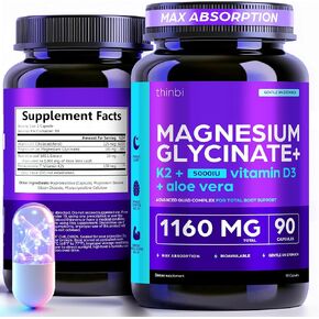 Magnesium Glycinate 1160mg + Aloe Vera, D3 & K2 Complex 90 Capsules – High Absorption, Non-Laxative – Stress Relief, Sleep, Muscle, Nerve, Heart & Metabolism Support – Chelated Formula - Thinbi