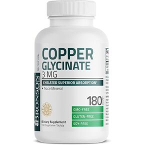 Bronson Copper Glycinate 3mg Chelated Superior Absorption Non-GMO, 180 Vegetarian Tablets