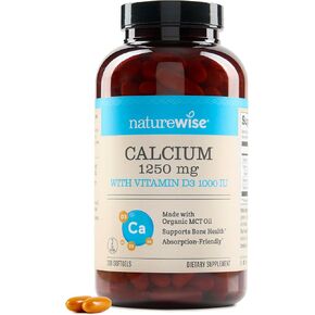 NatureWise High-Purity, All-Natural Calcium 1250mg + Vitamin D3 1000IU + Organic MCT Coconut Oil - Pregnancy Safe + Non-GMO - Absorption Friendly, Gluten Free - 60 Softgels[30-Day Supply]