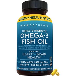 Viva Naturals Omega 3 Fish Oil Supplement for Women and Men - 2500 mg Triple Strength Fish Oil Pills with Re-Esterified Omega 3 Fatty Acids Including EPA, DHA DPA - 60 Pescatarian-Friendly Softgels
