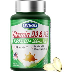 فيتامين D3 K2 Softgels ، D3 10000 IU مع K2 (MK -7) 200 ميكروغرام مع زيت جوز الهند ، يسهل ابتلاع 2 في 1 فيتامينات D&K ، يدعم امتصاص الكالسيوم ، والمناعة والصحة - 90 التهم